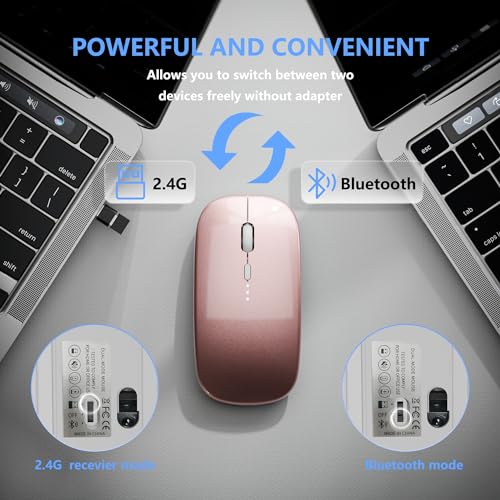 Image of QIJIAYI Slim Rechargeable Wireless Silent Mouse - 2.4G Wireless & Bluetooth Technology - Flexible Connection Modes via Bluetooth, USB or Type C for Laptop /PC /Mac /iPad /Computer (Rose Gold)
