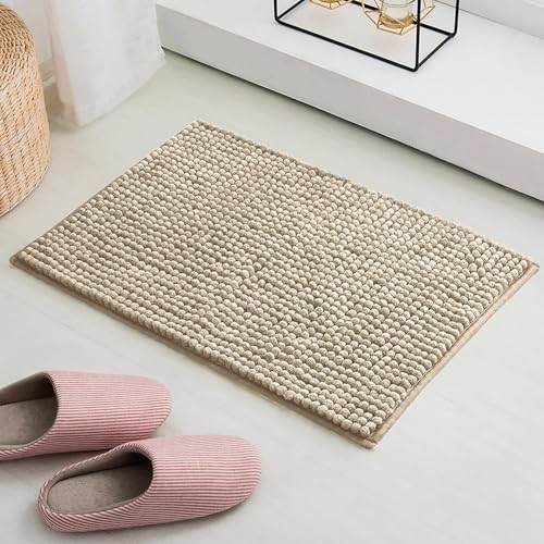 Image of LUXE HOME INTERNATIONAL Shaggy Chenille Bath Mat Extra Soft Super Absorbent Anti Skid Popcorn Door Mats for Home Entrance, Bathroom, Bedroom, Kitchen, Floor Mat (40x60 cm Beige) Pack of 1