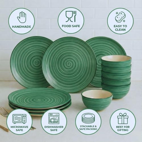 Image of Freakway Hand-Painted 'Sea Swirls' Ceramic Dinner Set of 12 Pieces | 6 Ceramic Dinner Plate and 6 Bowl /katori | Bone Ash Free | Microwave and Dishwasher Safe - Green