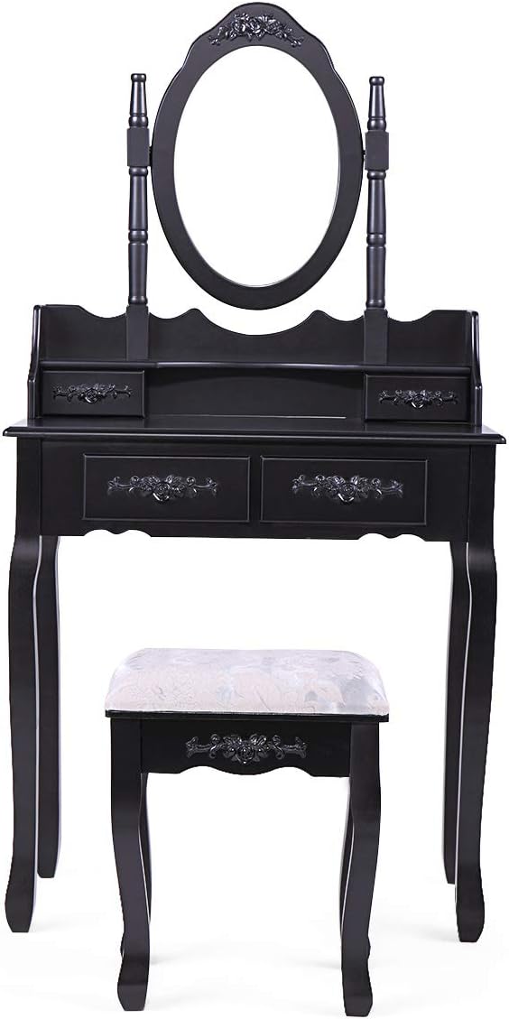 Sandinrayli Makeup Dressing Table White Vanity Set w/Stool and Oval Mirror 4 Drawers (Black)