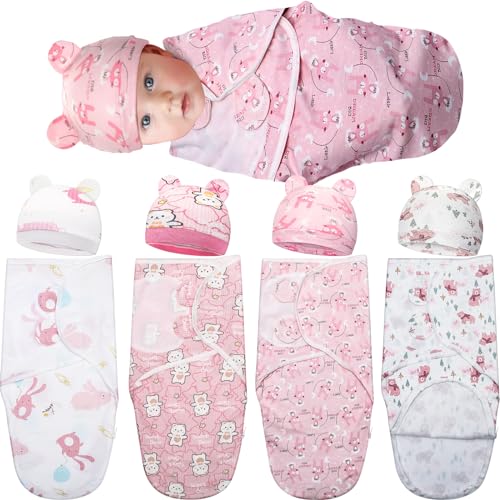 Image of FuWeave 4 Pack Baby Swaddles with Zipper and Hat Preemie Swaddles for 0-3 Months Newborn Soft Cotton Organic Baby Swaddles(Bear, Rabbit Style,Stylish Color)