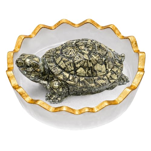 Amazing Gemstone Natural Pyrite Crystal Tortoise with Selenite Bowl | Feng Shui Turtle for Good Luck Wealth & Positive Energy | Spiritual Home Decor Gift for Office & Meditation