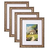 eletecpro 8x10 Picture Frames Set of 4, Gold Frame with Glass Cover, Vintage 8 x 10 Photo Frames Display 5x7 Photo with Mat or 8x10 without Mat for Tabletop or Wall Decor, Bronze Gold