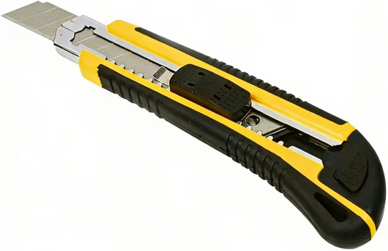 Heavy Duty Utility Knife with Rubber Grip, Yellow and Black, 18mm Blade, Includes 10 Replacement Blades