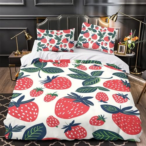 Sets de housses de couettes 3 pièces microfibre imprimé fraises 3D