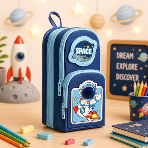 Image of Famyo Blue Space Pencil Case for Kids | Aesthetic School Pencil Box for Boys & Girls | Stationery Pouch with 3 Zipper Compartments | Cute Pencil Pouch for Kids