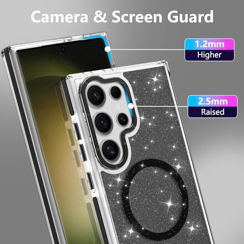 Image of Magnetic Case for Samsung Galaxy S23 Ultra [Compatible with Magsafe] [Bling Glitter Fluorescent Design] [1 Screen Protector] Slim Translucent Matte Case for Galaxy S23 Ultra 6.8 inch, Black
