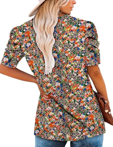 KISSMODA Tops for Womens Summer Cute Short Sleeve Shirts Trendy Notched Neck Blouses Casual Loose Pleated Tunics S-3Xl