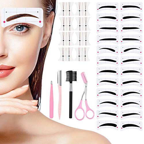 96 Pairs Eyebrow Stencils Set Eyebrow Stencil Stickers Reusable Template Eyebrow Tweezer Brush Scissors Razor for Women Eyebrow Grooming Styling Makeup Tools