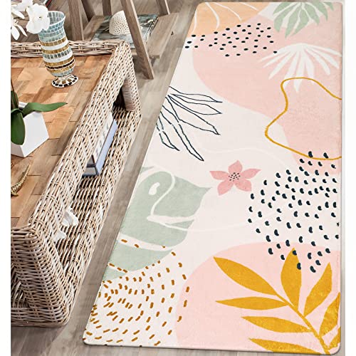 Lahome Pink Washable Runner Rug - 2x6 Non-Slip Throw Hallway Runner Rugs Low-Pile Soft Bedroom Kitchen Runner Rug Boho Botanical Print Carpet Runner for Laundry Room Entryway Bathroom Living Room