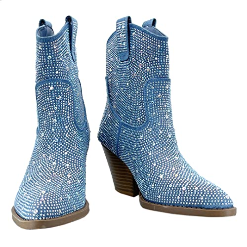 Image of ABSOLEX Women Western Cowgirl Cowboy Pointed Toe Rhinestone Ankle Booties