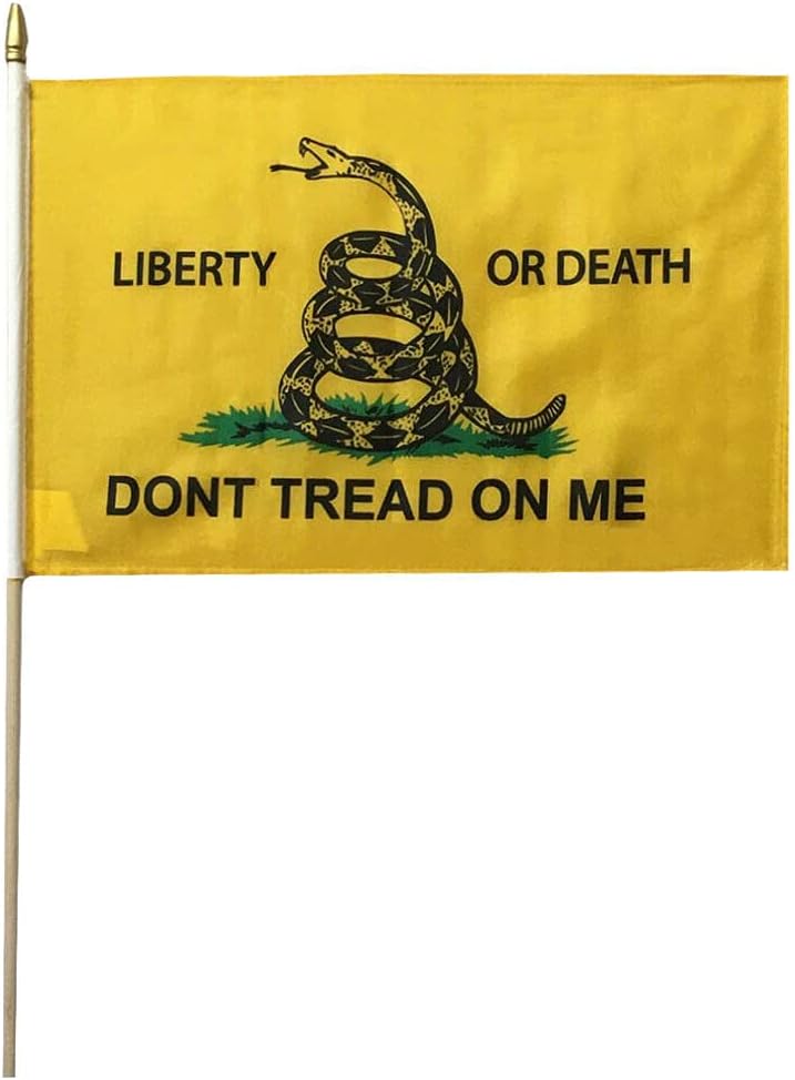 12 Pack Liberty Or Death DTOM Yellow 12"x18" 68D Rough Tex Stick Flag 24" Staff
