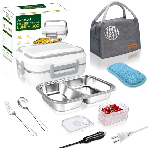 Electric Lunch Box Food Warmer, 60W High-Power Food Heating Lunch Boxes 12V 24V 110V 3 in1 Portable Microwave for Car Truck & Home Hot Meals Boxes Heater, 304 Stainless Steel with ThermalÂ Bag (White)