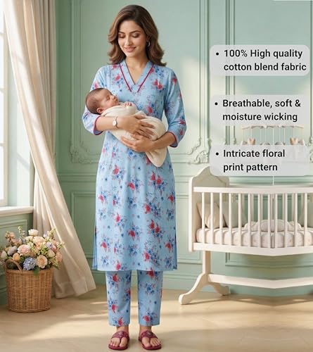 Image of DUMMY SHAPE Maternity Dresses for Women Cotton | Floral Kurta Pant Dupatta Set with Nursing Zippers, Side Pocket | Pre & Post Pregnancy | Feeding Kurti Suit | Baby Shower | Gifts for Pregnant Woman
