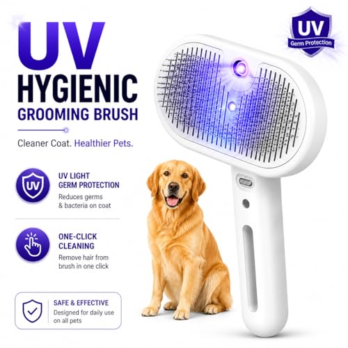 Image of MAK7 4-in-1 Pet Grooming Brush for Dogs & Cats - Professional Deshedding Tool with UV Light for Skin Health & Odour Control - Large White Comb for Long & Short Hair - Effective Tangle & Mat Removal