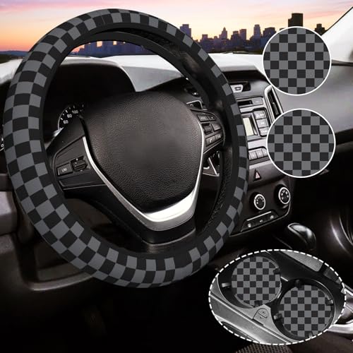 Dark Gray Checkered Steering Wheel Cover for Women, Universal Auto Steering Wheel 14-15 Inch Car Interior Accessories with 2PCS Car Coasters, Suitable for Men and Women