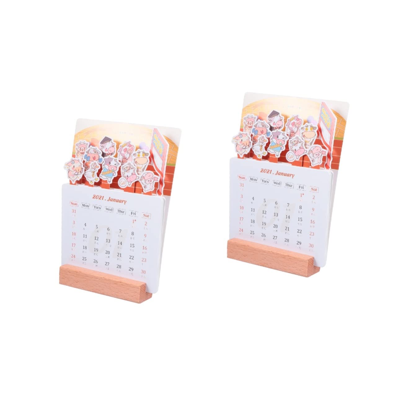 Blattgold-Wochenkalender,Wall Hanging Decoration, 2 Stück Tischkalender, monatlicher Tischkalender, Standkalender 2021, stehend, Klappkalender, Cartoon-Ochse, Tischstaffeleien for Malen, Papier, Kalen