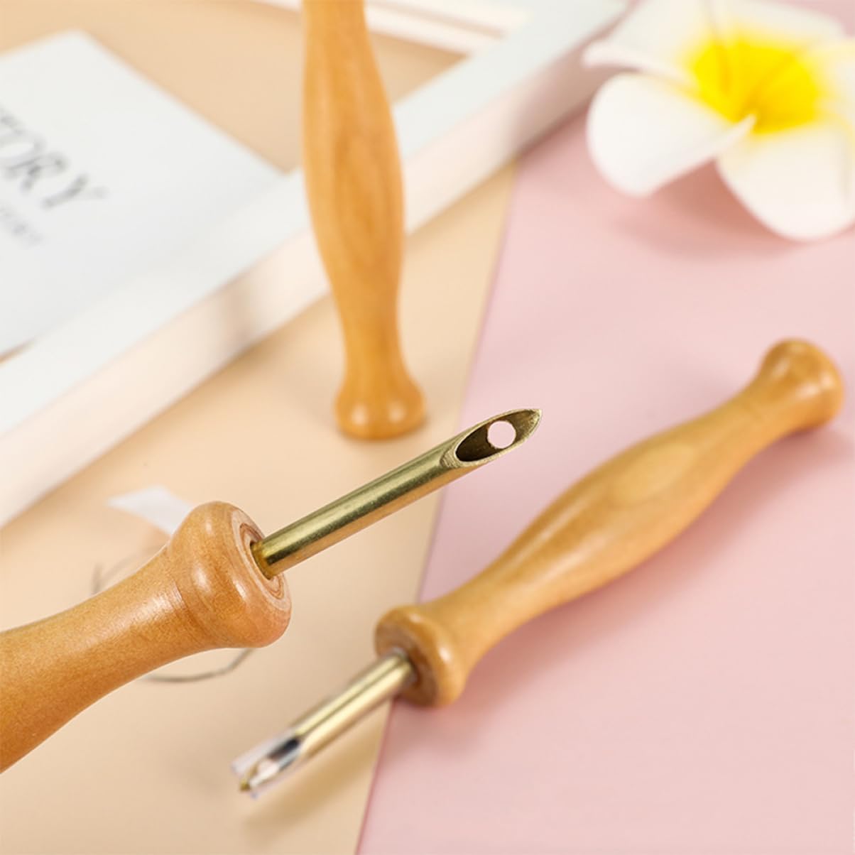 Uonlytech 1Set Wooden Handle Punch Needle Threader Set DIY Knitting Embroidery Tools for Sewing Crafts Durable Material for Weaving Felting Projects