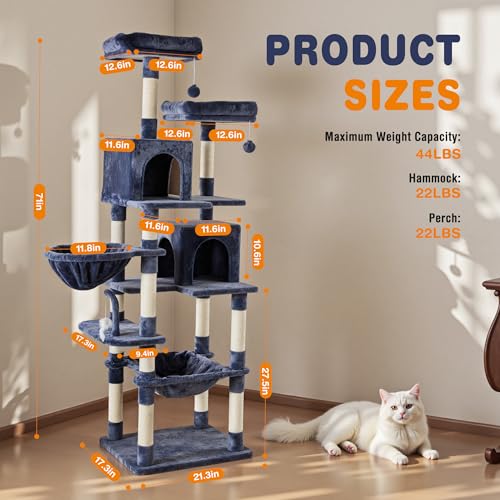 Image of Sweetcrispy 71 inch Cat Tree Tower, Large Multi Level Cat Climbing Tower with Condo, Natural Sisal Scratching Posts, Platform, Hammock, Basket, Tall Pet Tree House for Indoor Cats Play, Dark Blue