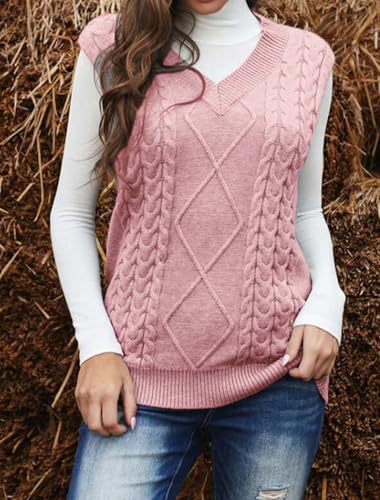 Image of Women's Sweater Vest,Long Cable Loose Knitted Sleeveless V Neck Casual Sweaters Tank Top S~XL