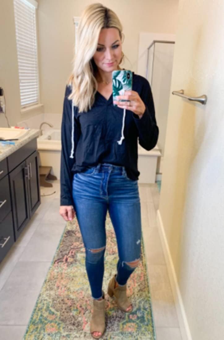 Womens Long Sleeve V Neck Hoodie Sweatshirts Lightweight Pullover Tops - Image 4