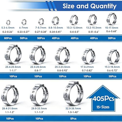 Image of 405Pcs 15-Sizes 304 Stainless Steel Single Ear Hose Clamps with Ear clamp plier 5.3-36.1mm Crimp Hose Clamps Assortment Kit for Auto /Home Appliance /Pipe /Fuel Line