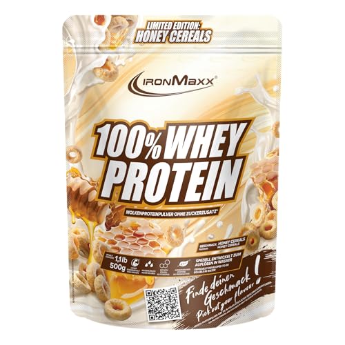 IronMaxx 100% Whey Protein Pulver 500g - Honey Cereal | Cremiger Eiweißshake mit BCAAs & EAAs | High Protein, Low Carb & zuckerarm | Ideal für Muskelaufbau, Diät & Fitness