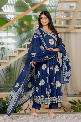 Image of Pistaa's Women's Pure Cotton Anarkali Floral Printed Hand Work Kurta with Pant & Dupatta Set
