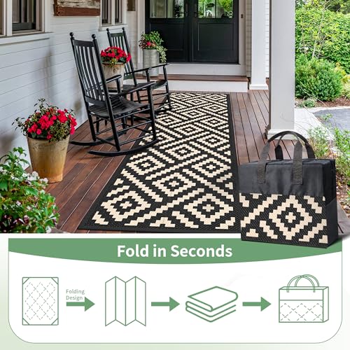 Image of GENIMO Outdoor Rug, Waterproof Plastic Runner Rugs, 2.5'x8' Black Beige