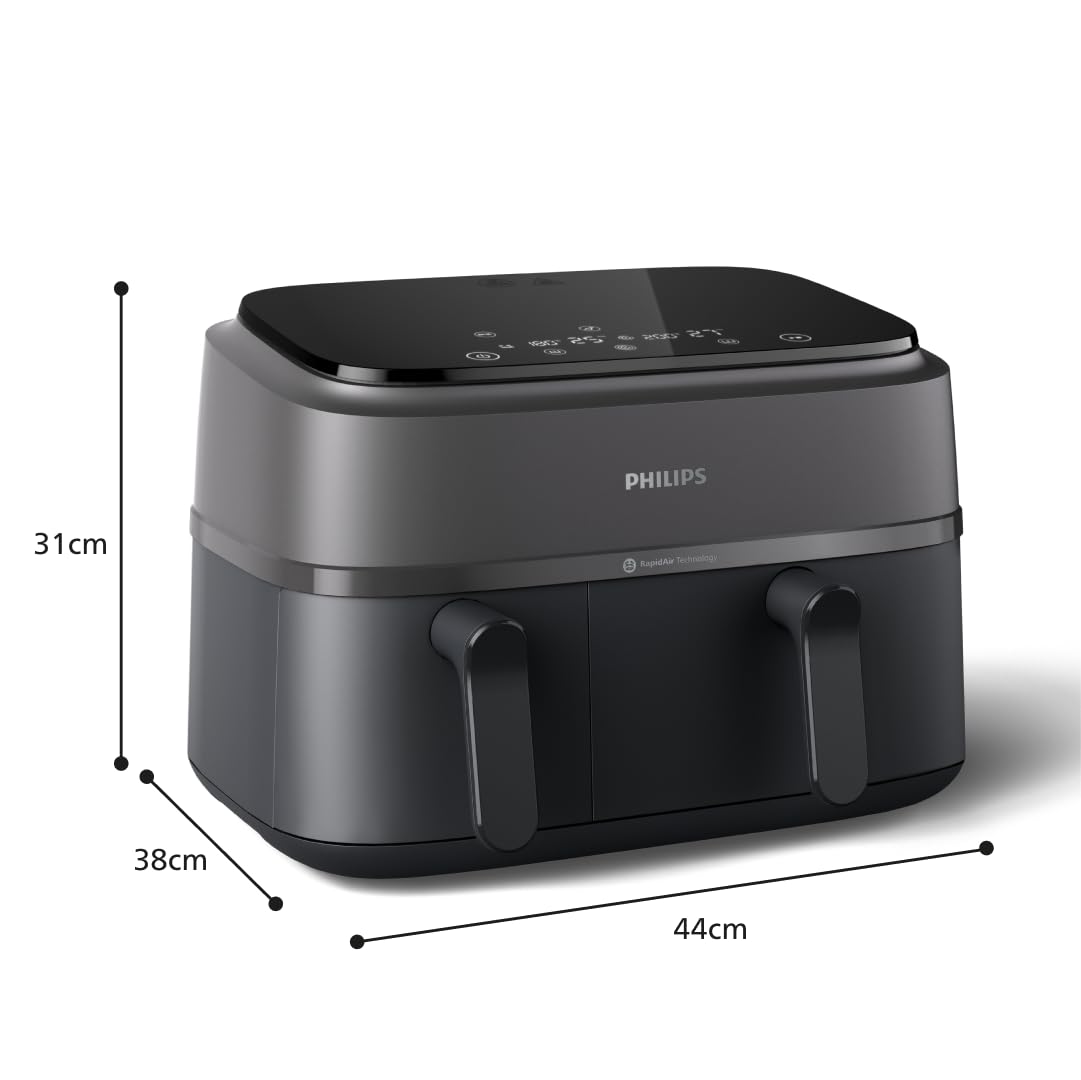Philips Airfryer Dual Basket 3000 Serie Heißluftfritteuse, Schwarz, 9 L | 2 Körbe, RapidAir Plus Technologie, Touchscreen, 12 Kochfunktionen, HomeID App (NA350/00)