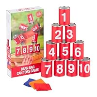 Relaxdays Dosenwerfen für Kinder, Büchsenwerfen Garten, 10 Blechdosen & 3 Säcke, Wurfspiel für Kindergeburtstage, rot