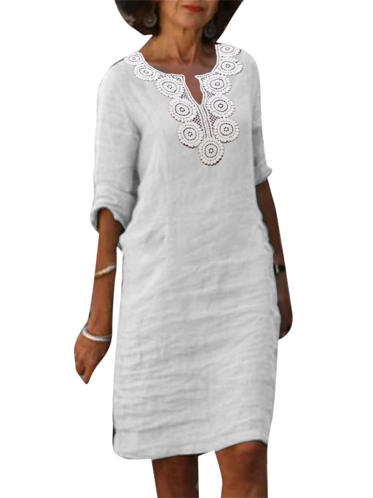 Women's Summer Literary Loose Pattern Print Medium Sleeve Cotton and Linen  Solid Colour Dress Five Point Sleeve Medium Length Dress, 62, S :  Amazon.de: Fashion