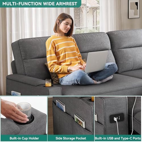YITAHOME Convertible Sleeper Sofa with Adjustable Backrest & Pull Out Bed, L-Shaped Sectional Sofa Bed with Armrest & USB Port, Upholstered Sectional Couch for Living Room, No-Tool Assembly, Grey - Thumbnail 4
