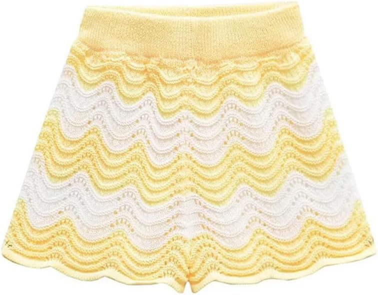 Women's Lapel Striped Hollow Short Sleeve Top Shorts Two-Piece Set
