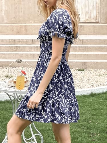 Image of Imily Bela Womens Summer Dress Ruffle Sleeve Sqaure Neck Smocked Sun Dress Casual Boho Beach Floral Mini Dress