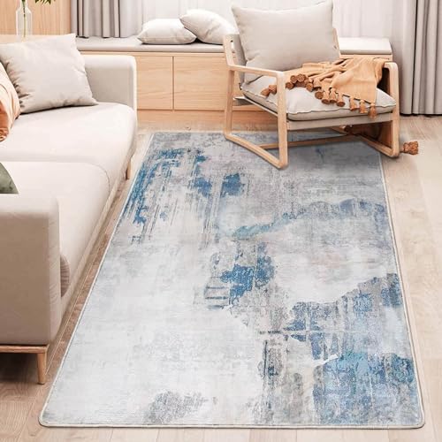 Fenisonavy Rugs Living Room Grey Area Rugs for Bedroom Modern Abstract Rug Large Short Pile Rugs Carpet Non-Slip Soft Living Room Rugs Room Decor (Lake Blue/Grey/Beige - Image 2