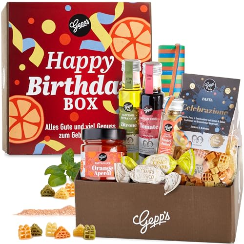 Gepp’s Feinkost Happy Birthday Geschenkkorb I Geschenkidee zum Geburtstag I Geschenkbox gefüllt mit italienischer Pasta, Pralinen, Luftschlangen, usw. I...