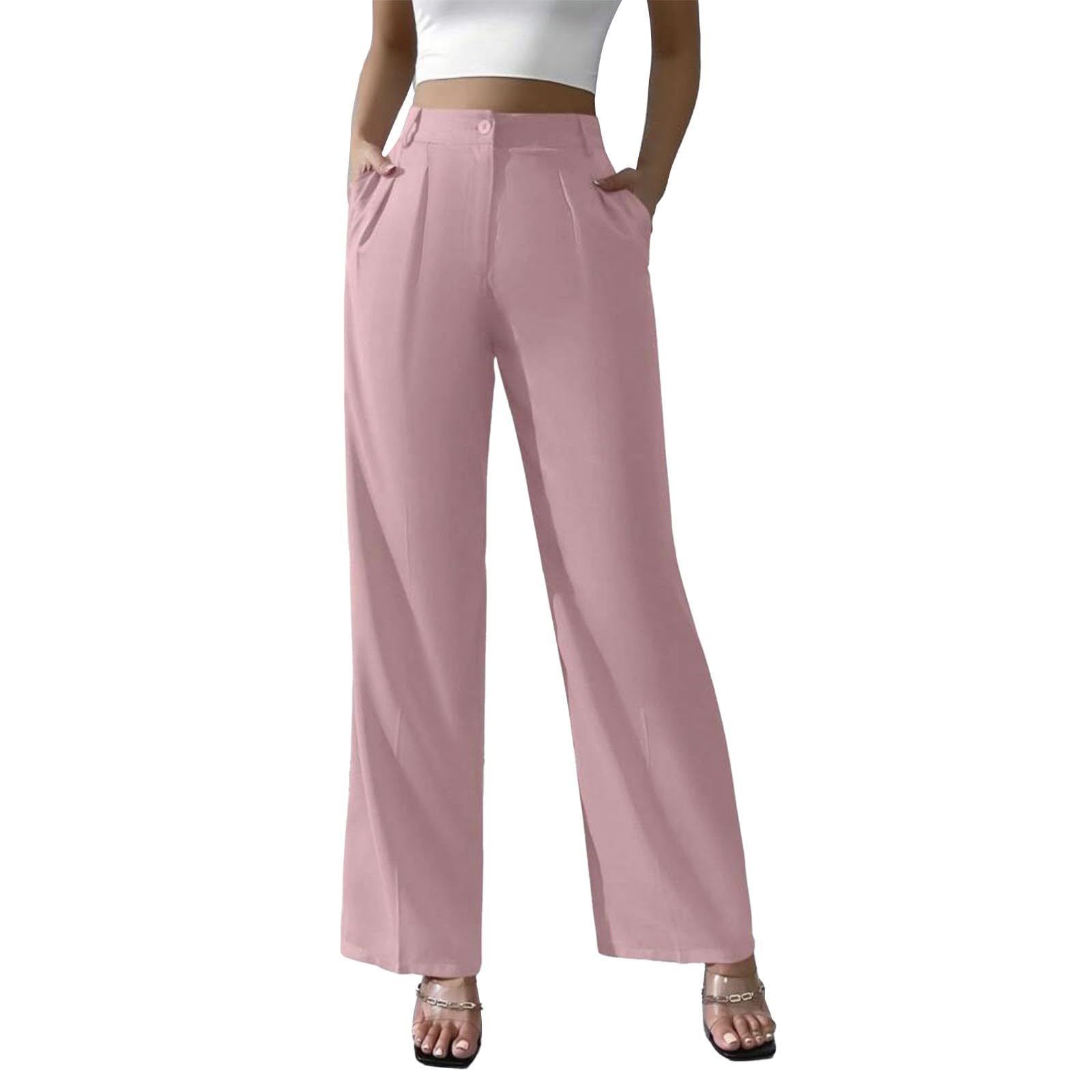 Work Pants for Women Elegent Baggy Comfy Business Office Suit Pants Flat Front Button Wide Leg Troousers with