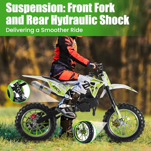Image of 50cc Dirt Bike for Adults & Kids-Kids Dirt Bike 2-Stroke Gas Powered Off Road Motorcycle Mini Bikes 40 MPH for Uphill and Off-Road Conditions Pull Start motos para ninos USA Stock Green