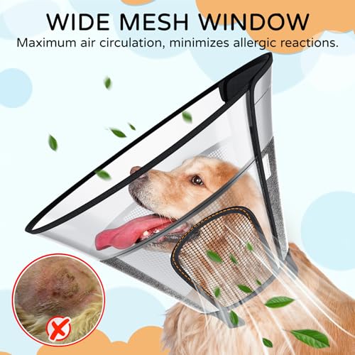 Image of Dog Cone Collar for Large Dogs After Surgery, Mesh Windows PVC Transparent E Collar for Dog, Anti-Bite Lick Wound Healing Neuter Safety Practical Comfy Plastic Cone XL