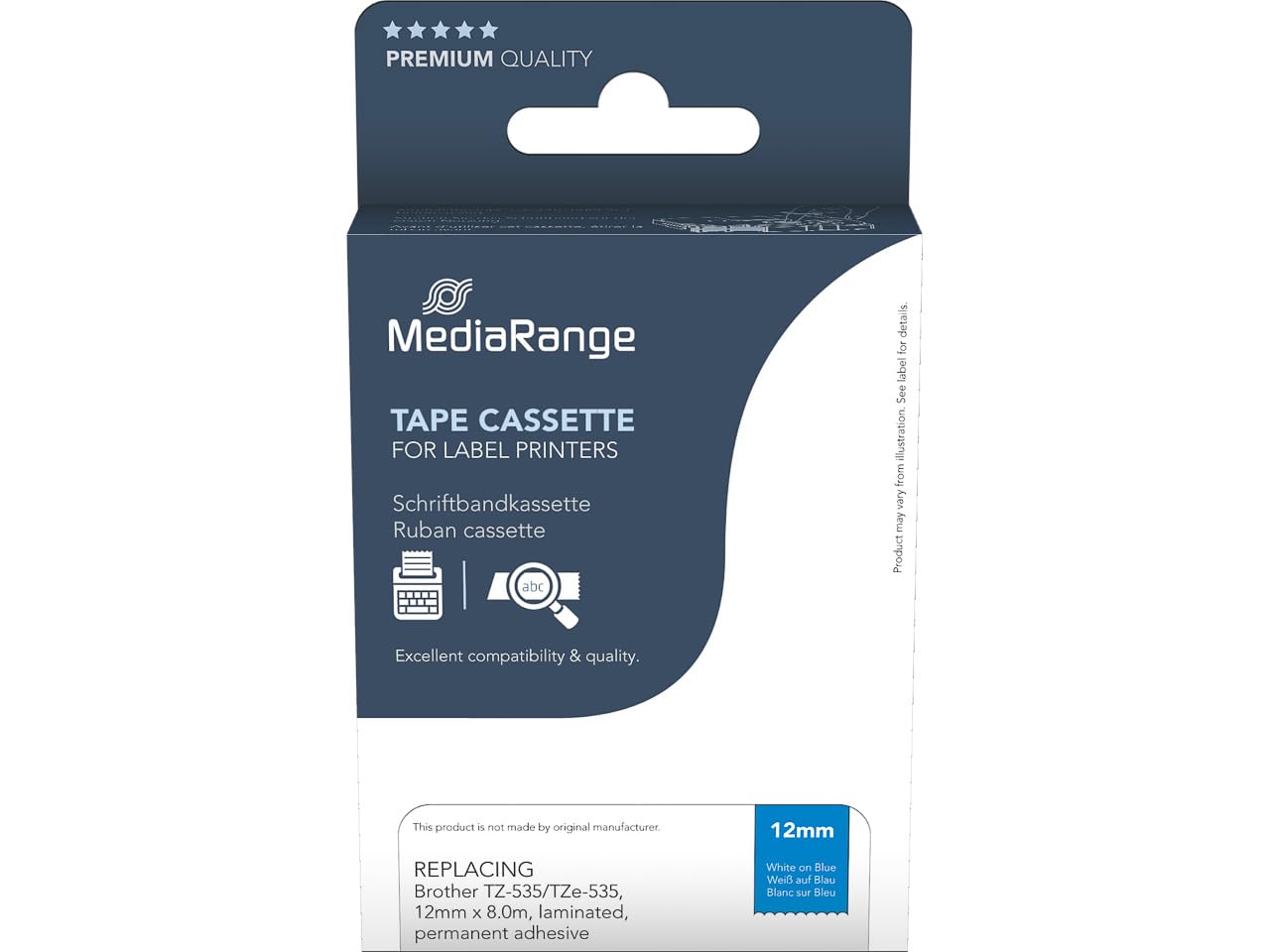 MediaRange Plastic Label Tape Cartridge for Brother TZ-535/TZe-535 Permanent Adhesive 12 mm 8 m Laminated White on Blue