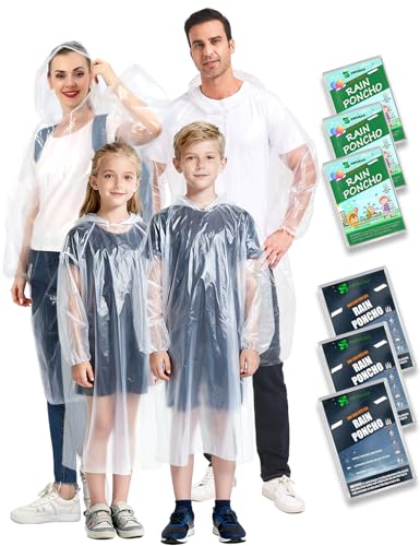 SWOGAA Disposable Rain Ponchos Family 6 Pack - 50% Extra Thicker Waterproof Emergency Ponchos with Hood - Clear