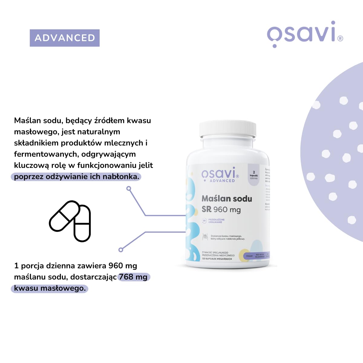 Osavi Butyrate de sodium SR, 960mg - 60 Capsules Vegan | Butyran de sodium microencapsulé | Haute teneur en acide butyrique | Inodore et insipide | Vegan, sans gluten, sans soja, sans OGM