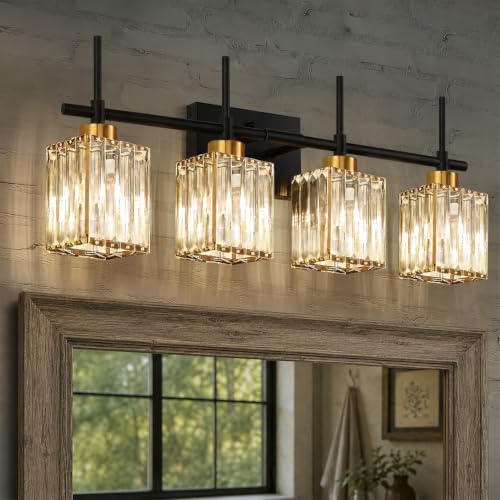 Image of Torondo Modern Crystal Bathroom Vanity Light 4-Lights Gold Bathroom Light Fixtures Over Mirror Black and Gold Vanity Lighting Fixtures Gold Square Shade Brass Wall Sconce (Bulbs Not Include)