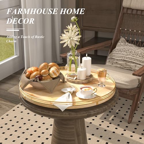 Image of 18 Inch Rustic Lazy Susan Turntable - Solid Oak & Iron Wood Rotating Tray for Dining Table, Kitchen Counter, Coffee Table - Farmhouse Style Large Wooden Lazy Susan Organizer for Home Decor