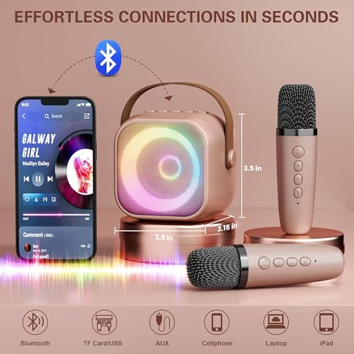 Image of Mini Karaoke Machine, Portable Bluetooth Karaoke Speaker with 2 Wireless Microphones and Party Lights for Kids and Adults, Birthday Gifts for Girls Boys Family Home Party (Rose Gold)