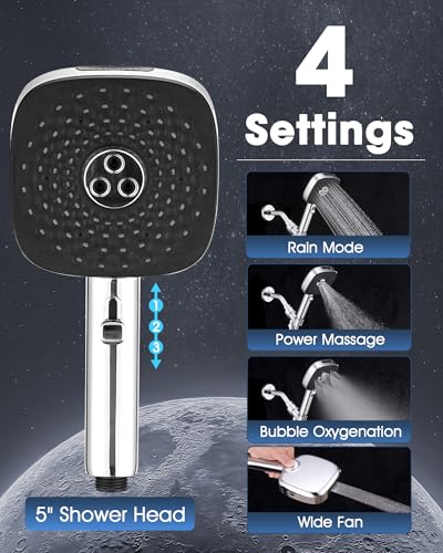 Regadera de mano multifunción de alta presión - Panel grande cuadrado de 5 pulgadas con manguera extra larga de 80 pulgadas, chorro potente y lluvia de alto rendimiento, 4 modos con interruptor deslizante para baño de mascotas, modelo F01310 (cromado) miniatura 2