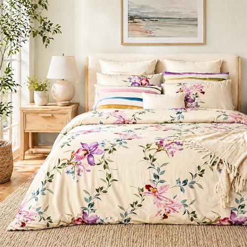 Image of Digitally Printed Premium Bedsheet Set | 300 TC 100% Cotton 1 Queen Bedsheet Set | Extra Smoothness with Sateen Weave| Orchid Cream Bedsheet Set (1 Flat Sheet + 2 Pillow Cases)