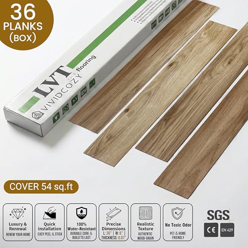 Image of Waterproof Peel and Stick Floor Tile, 54 Sq.Ft Earthen Oak Vinyl Wood Flooring, Easy DIY-Install & Durable for Kitchen, Bedroom, Bathroom, RVs, Rental-Friendly (36-Planks 6 inchx36 inch)