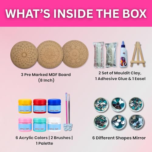 Image of Parssufy Lippan Art DIY Kit for Wall Decoration - 3 Pre-Marked 8 Inch MDF Boards with Acrylic Paints, Clay, Craft Mirrors, Brushes & Easel | Traditional Mud Art Kit for Kids & Adults
